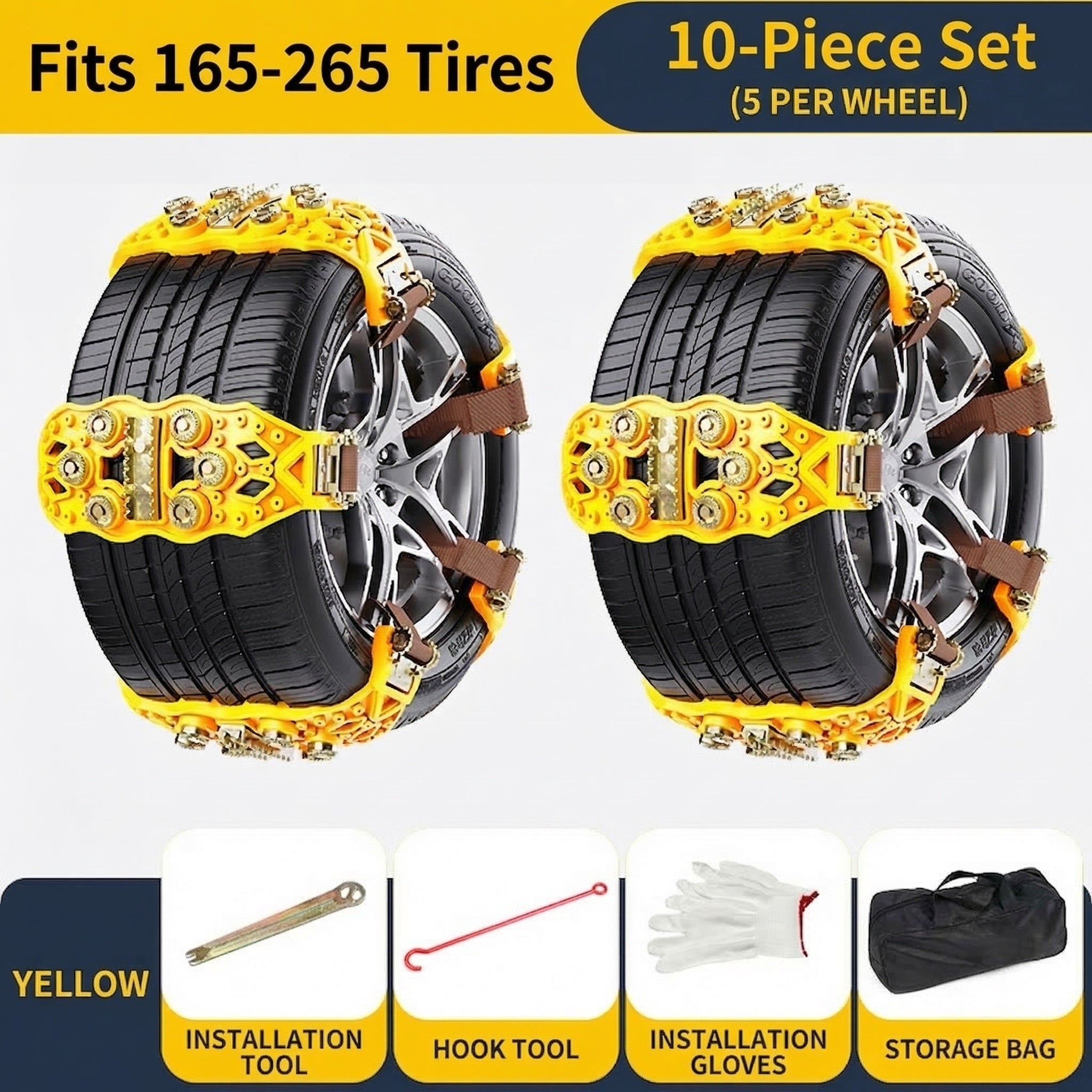 10-Pack Universal Anti-Skid Car Snow Chains – Traction Nails, Anti-Side-Slip, Easy to Install & Remove, All-Season Snow Tire Chains for Snow, Ice, Mud & Sand, Compatible with 4x4, Trailer, ATV, UTV, SUV, Truck, Pickup Tires, Width 165mm-265mm