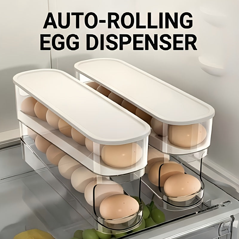 Space-Saving Double-Layer Transparent Automatic Rolling Egg Storage Container with White Lid – Made of Durable PP Plastic – Double-Layer Egg Storage System