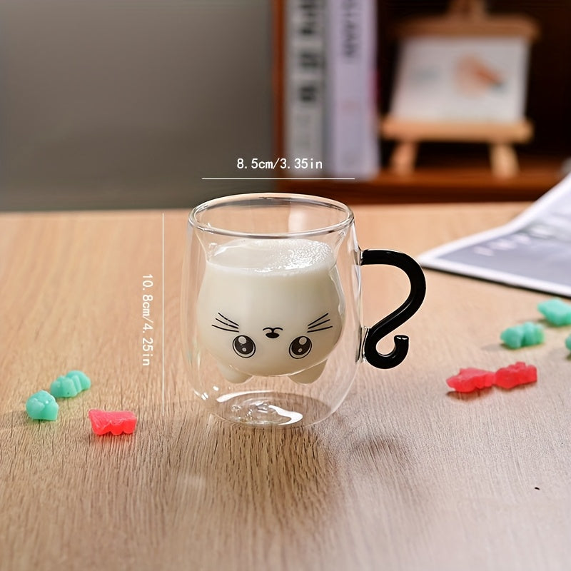 One Cute Cat-Themed Glass Mug, Hollow Double-Wall Insulated Cup for Coffee & Milk, Suitable for Espresso and Beverages, Ideal for All Seasons, Perfect Gift Item