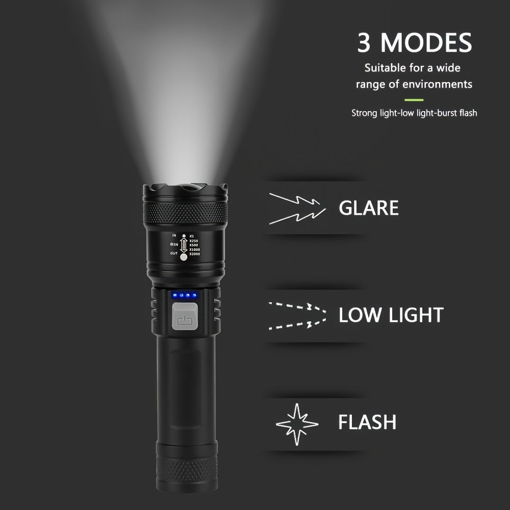 Ultra Powerful XHP50 LED Flashlight, Built-in Rechargeable Battery, Super Bright Zoomable Light, Perfect for Camping, IP65 Waterproof