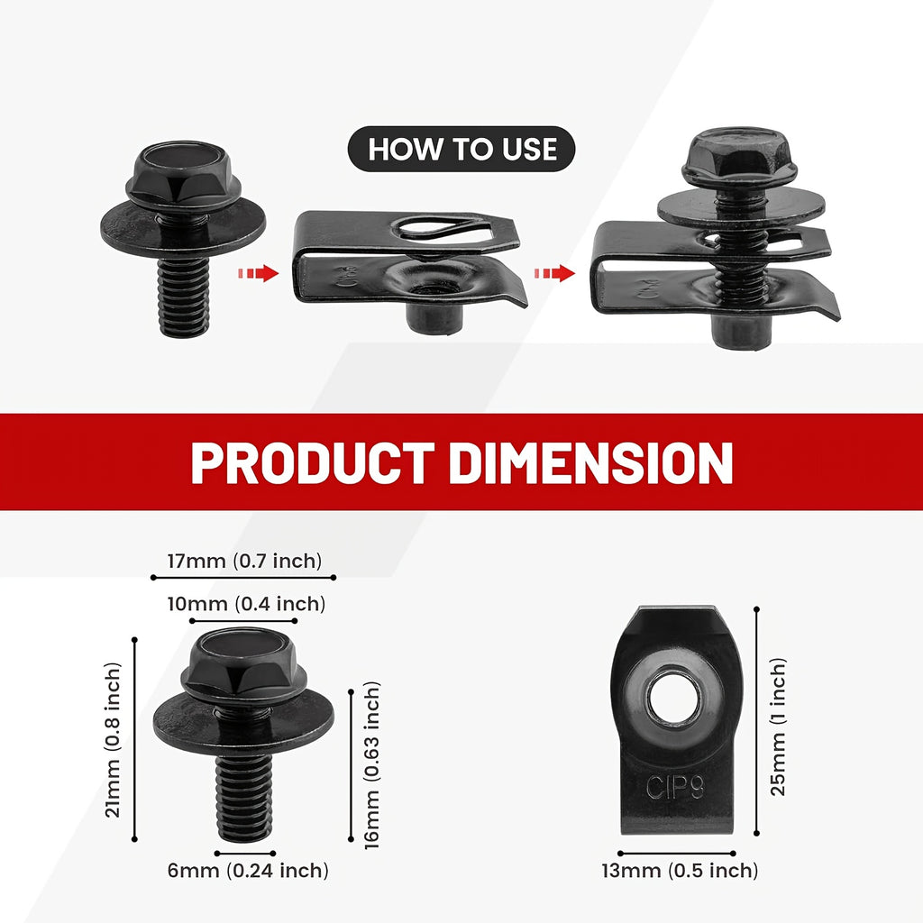 50-Piece 1/4" U-Nut Clips and Hex Head Auto Fender Bolt Set – for Car Fenders, Engine Splash Shields, Hoods & Bumpers