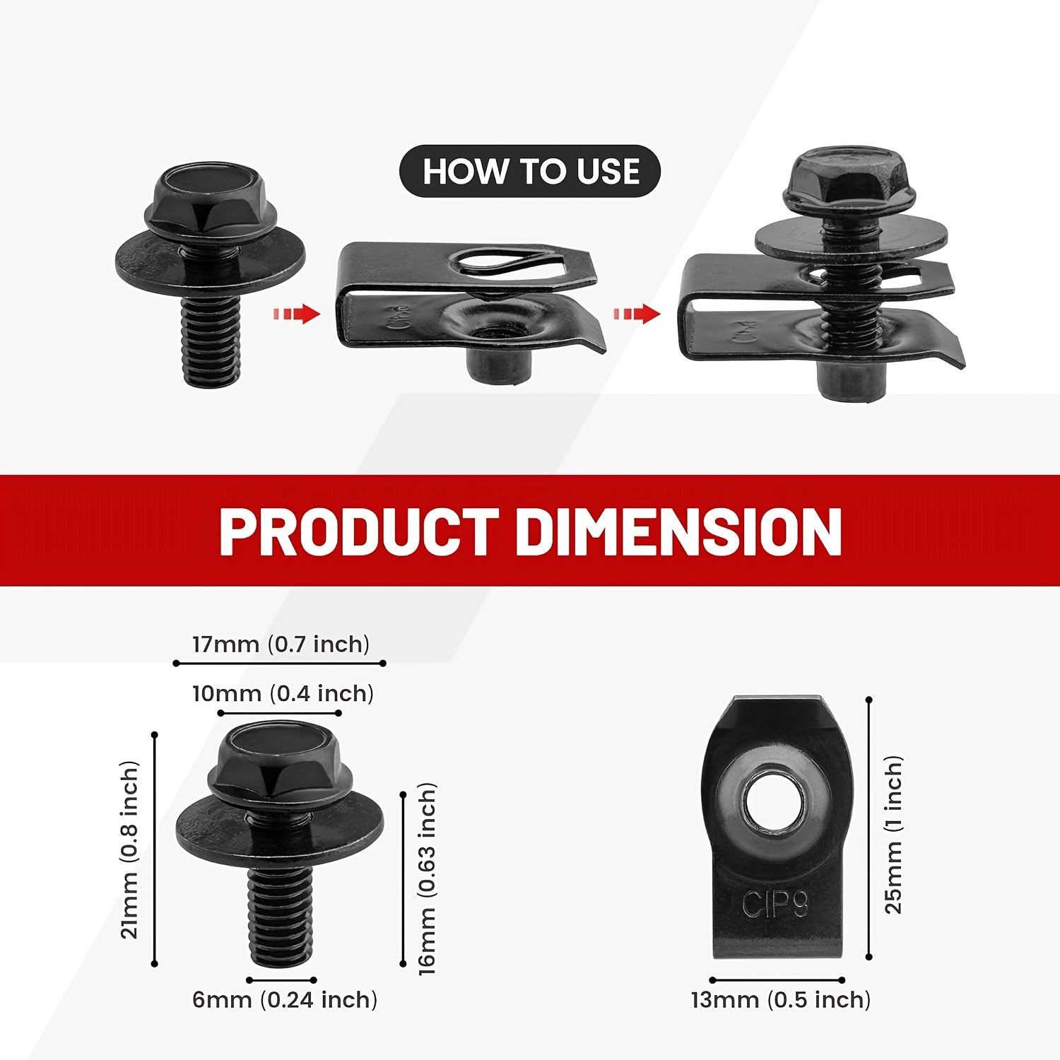 50-Piece 1/4" U-Nut Clips and Hex Head Auto Fender Bolt Set – for Car Fenders, Engine Splash Shields, Hoods & Bumpers