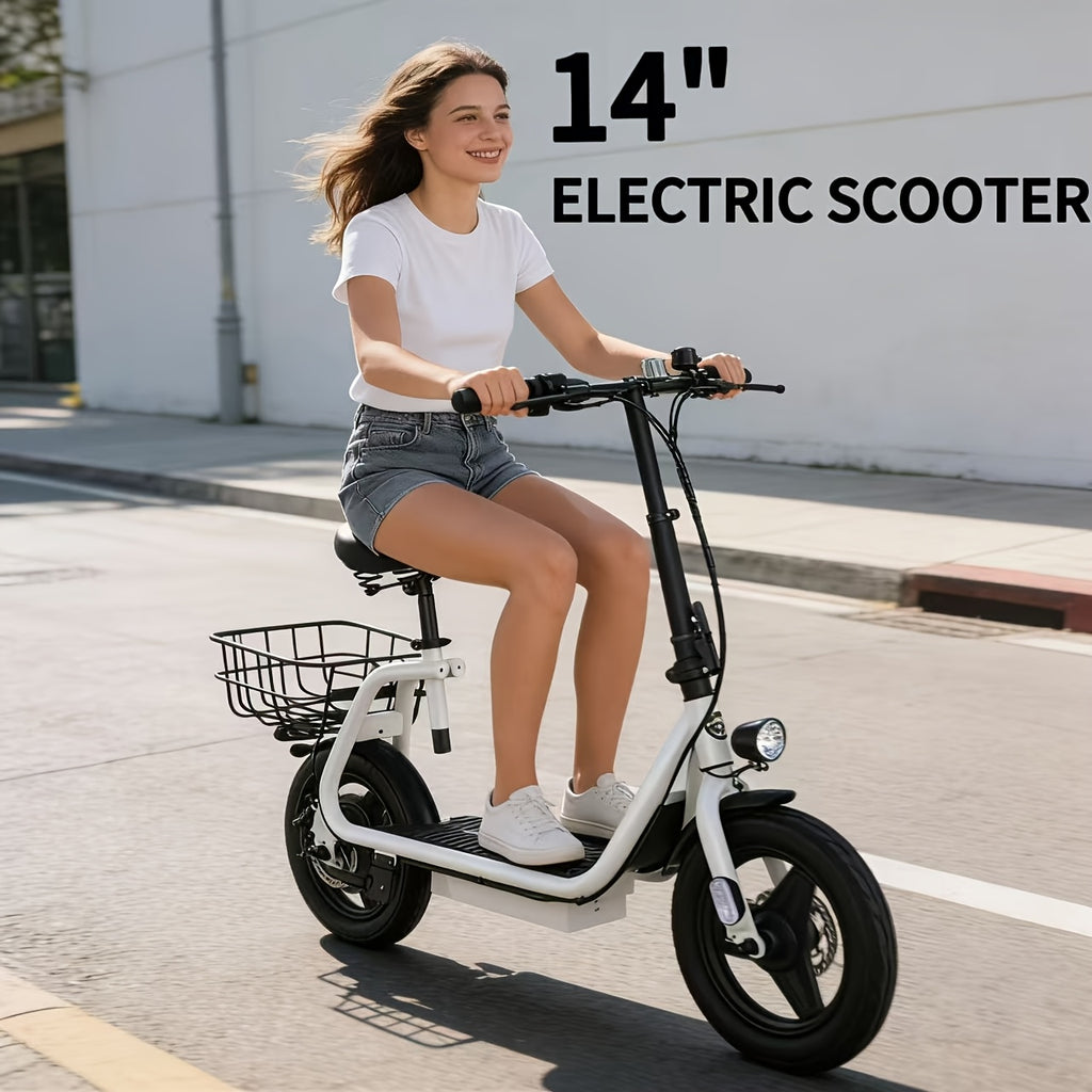 14英寸电动滑板车，350W 36V成人电动滑板车，双制动，双碟刹，车头可折叠轻便电动滑板车，城市通勤智能滑板车，带购物篮，节日礼物，生日礼物