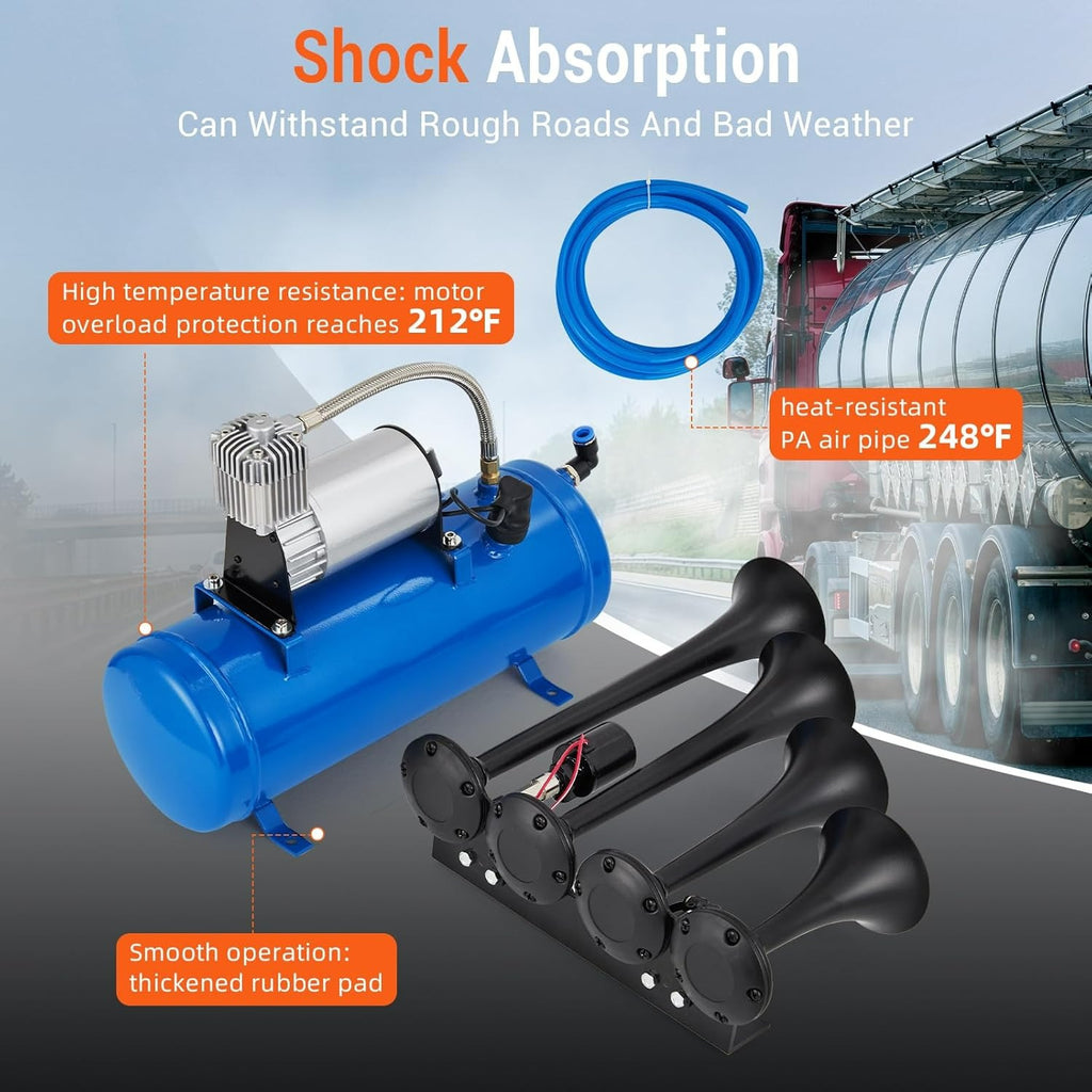 4-Horn Steel Train Horn Kit, 12V 135dB Truck Air Horn Kit with 1.6 Gallon Air Tank & 150 PSI Air Compressor, All-Weather Year-Round Use, Fits Pickup Trucks, Cars, Motorcycles, Semi-Trucks, Jeeps, RVs, SUVs, Vans, Boats, Blue