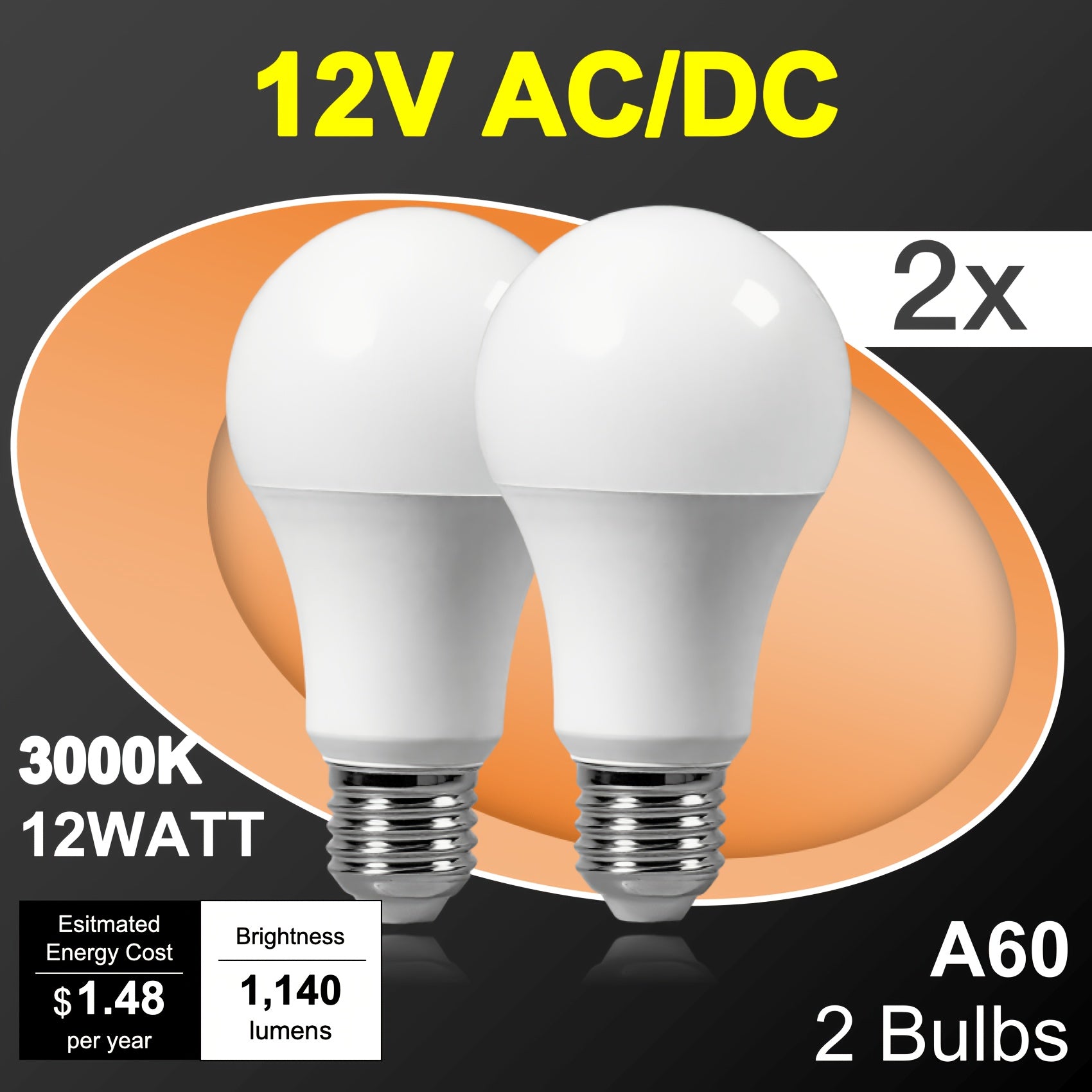 2-pack 12V low voltage LED tube, AC/DC dual-use, suitable for battery packs, generators, E27 screw base, shatterproof tube, high brightness (6500K/bright white, 4000K/daylight white, 3000K/warm white)