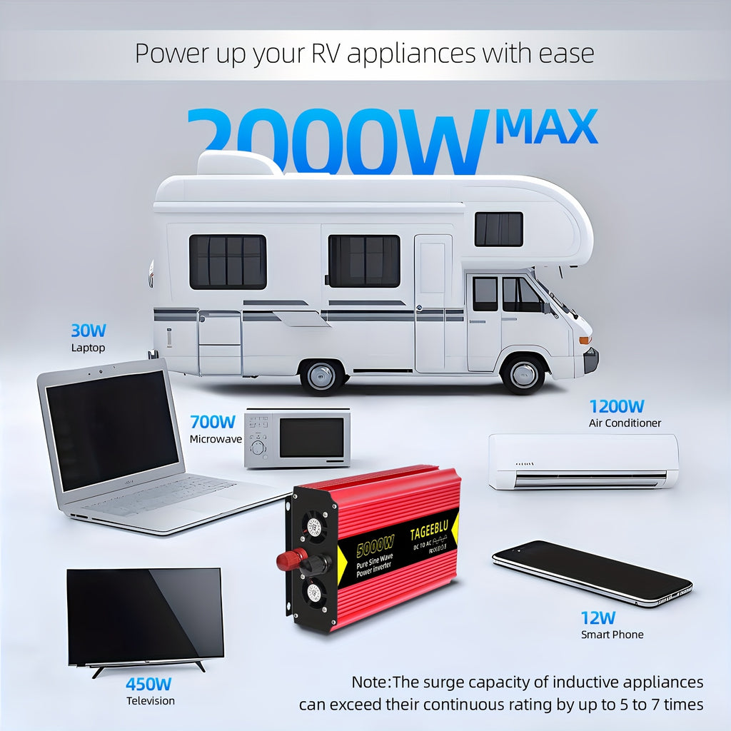 纯正波，房车逆变器，12V或24V DC to 110V AC，5000W峰值，配备电缆，离网，房车，旅行拖车、大部分重型电器适用，咖啡机，微波炉，安静