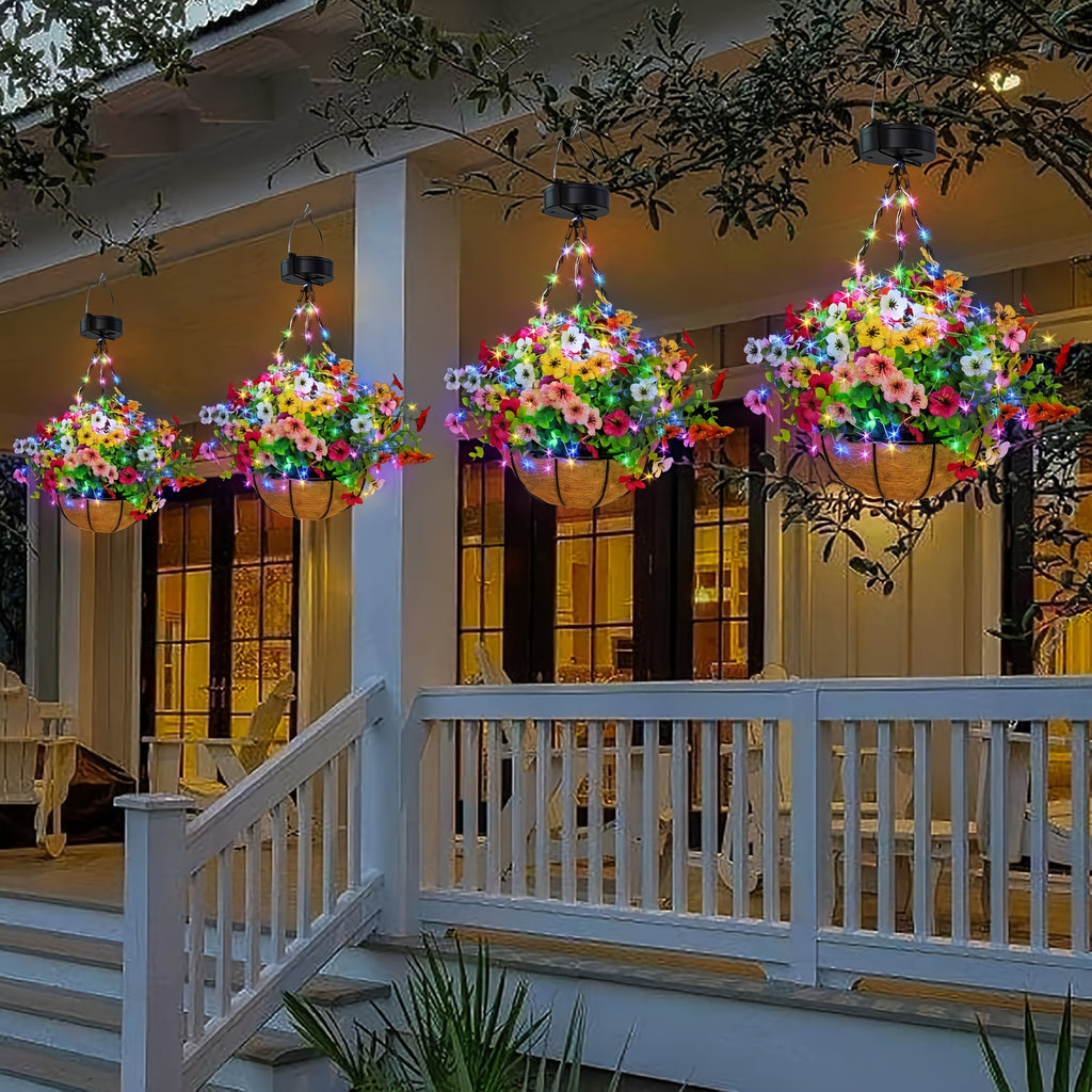 One-Piece Solar Hanging Light with Automatic On/Off Sensor, Solar Flower Basket Light with Artificial Plants - Outdoor Garden, Courtyard, Path, Lawn Decoration - Landscape Solar Lighting, No Wiring Needed, Durable Plastic Structure