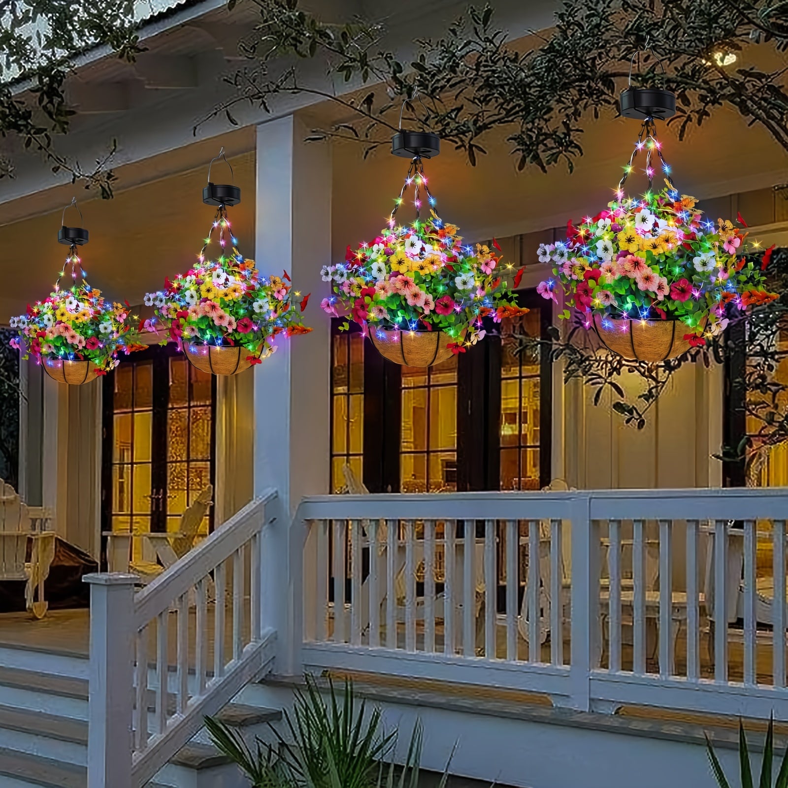 One-Piece Solar Hanging Light with Automatic On/Off Sensor, Solar Flower Basket Light with Artificial Plants - Outdoor Garden, Courtyard, Path, Lawn Decoration - Landscape Solar Lighting, No Wiring Needed, Durable Plastic Structure