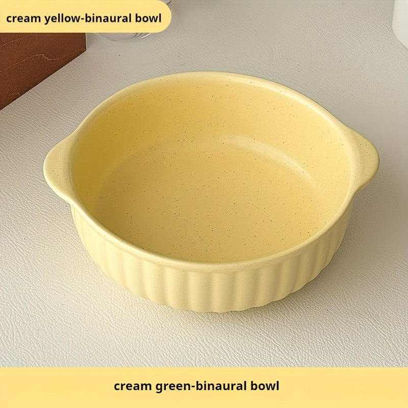 1 Ceramic Bowl with Ear Handles, Large Capacity Ceramic Plate, Soup Bowl, Salad Bowl, Noodle Bowl, Oven & Microwave Safe, Dinnerware, Kitchen Supplies for Salad, Fruit, Pasta, Kitchenware, Tableware Accessories