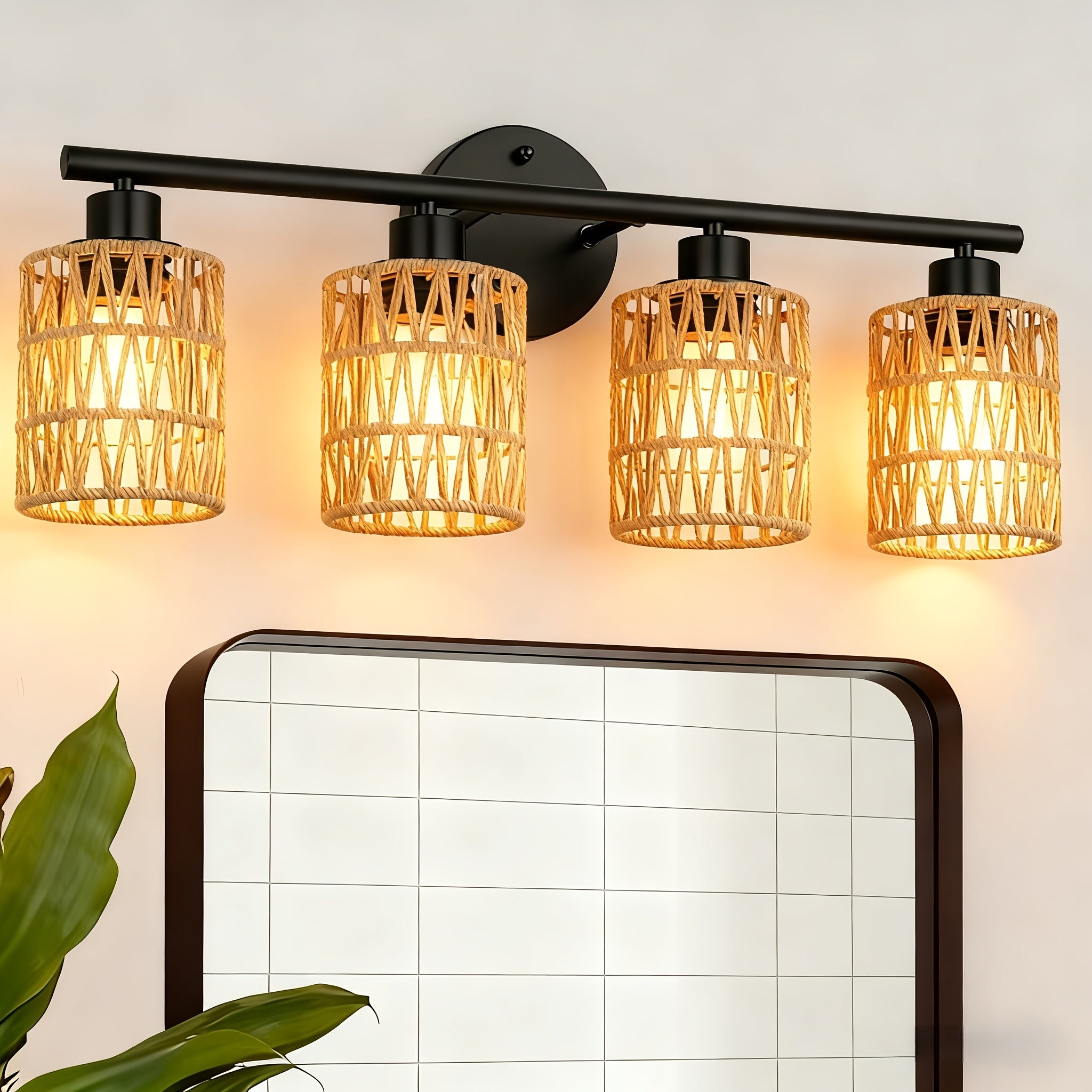 Holiday Theme 4-Light Bathroom Vanity Light, Modern Rattan Light Fixture, Suitable for Above Mirror, Bohemian Style Wall Light with Woven Shade, Black Wall Light, Perfect for Farmhouse Living Room and Bedroom (Bulb Not Included)