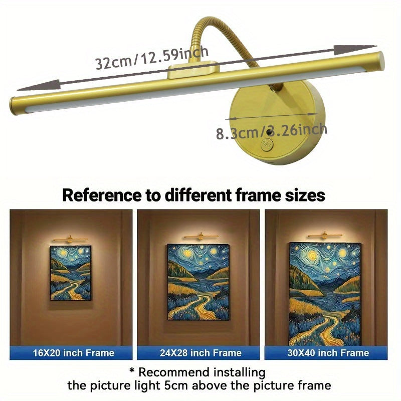 12.59-Inch Gold-Plated Metal Rechargeable LED Picture Light - Dimmable, Art Lighting, with Infrared Remote Control, Suitable for Living Room and Bedroom Decor, Living Room Enhancement | Stylish Wall Light | LED Light, Living Room Light