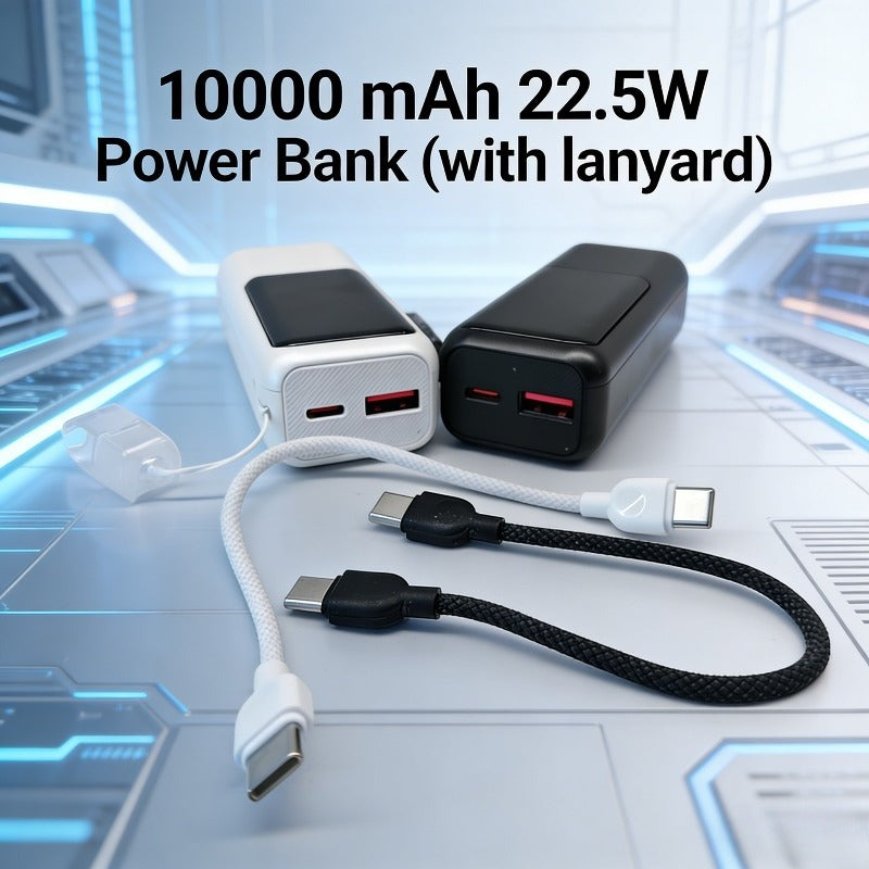10000mAh Ultra-thin Portable Fast Charging Power Bank | 22.5W Output, USB-C Fast Charging, Built-in Cable, LED Digital Display, Lightweight and Compact Design, Ideal for Travel