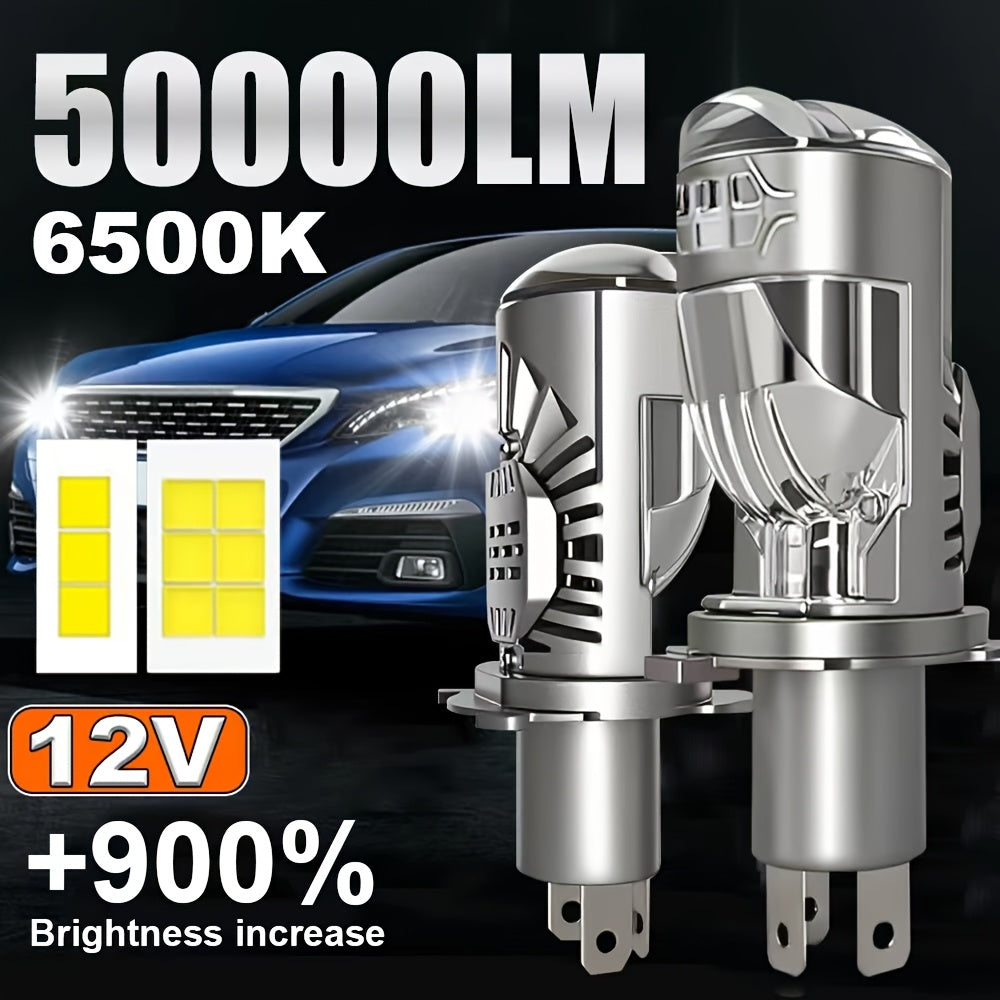 2-Pack H4 9003 HB2-QB070 50000 Lumens LED Projector Headlight with Cooling Fan, Car High/Low Beam Bulb 12V, Night Driving, Compact Design, Energy Saving Bulb, Night Commute, Suitable for Car Owners, No Battery Included