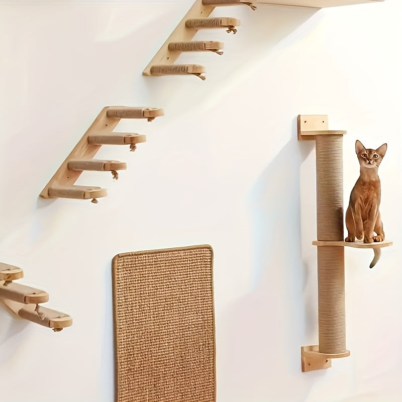 坚固木质猫树带剑麻绳抓板 - 室内猫咪玩耍与锻炼专用