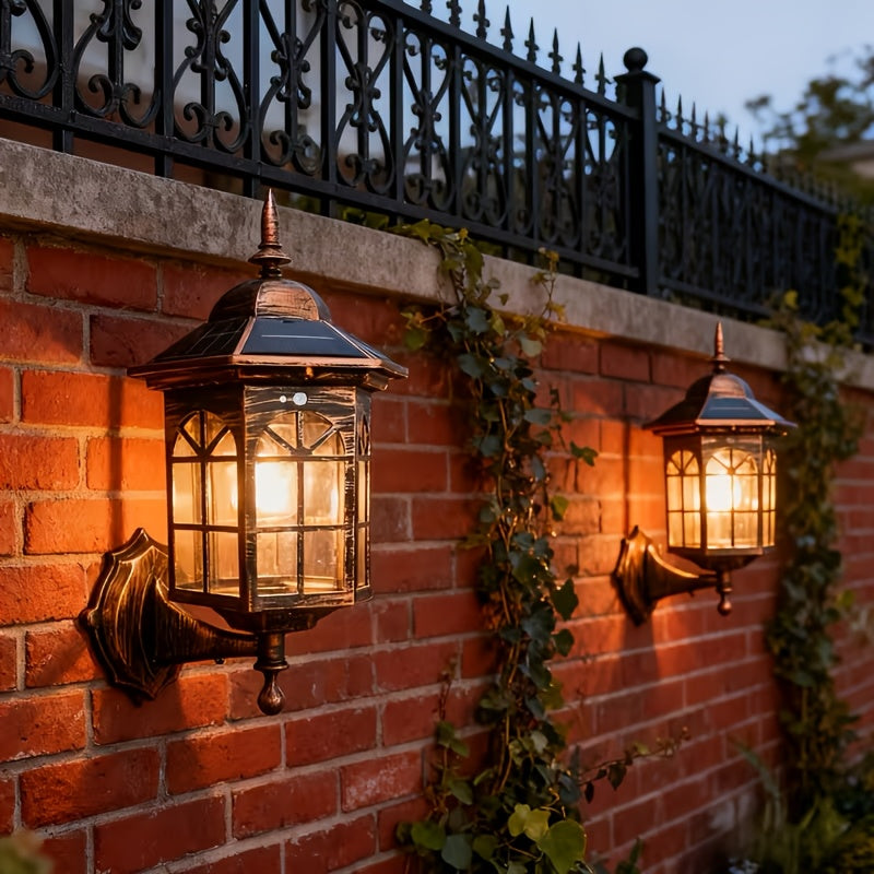 2PCS Vintage Solar Outdoor Wall Light Waterproof Courtyard Decorative LED Tungsten Alloy Wall Light, Suitable for Garden, Courtyard and Porch, Tungsten Filament Light, Outdoor Garden, Street Floor Decoration, Solar Garden No Wiring Required