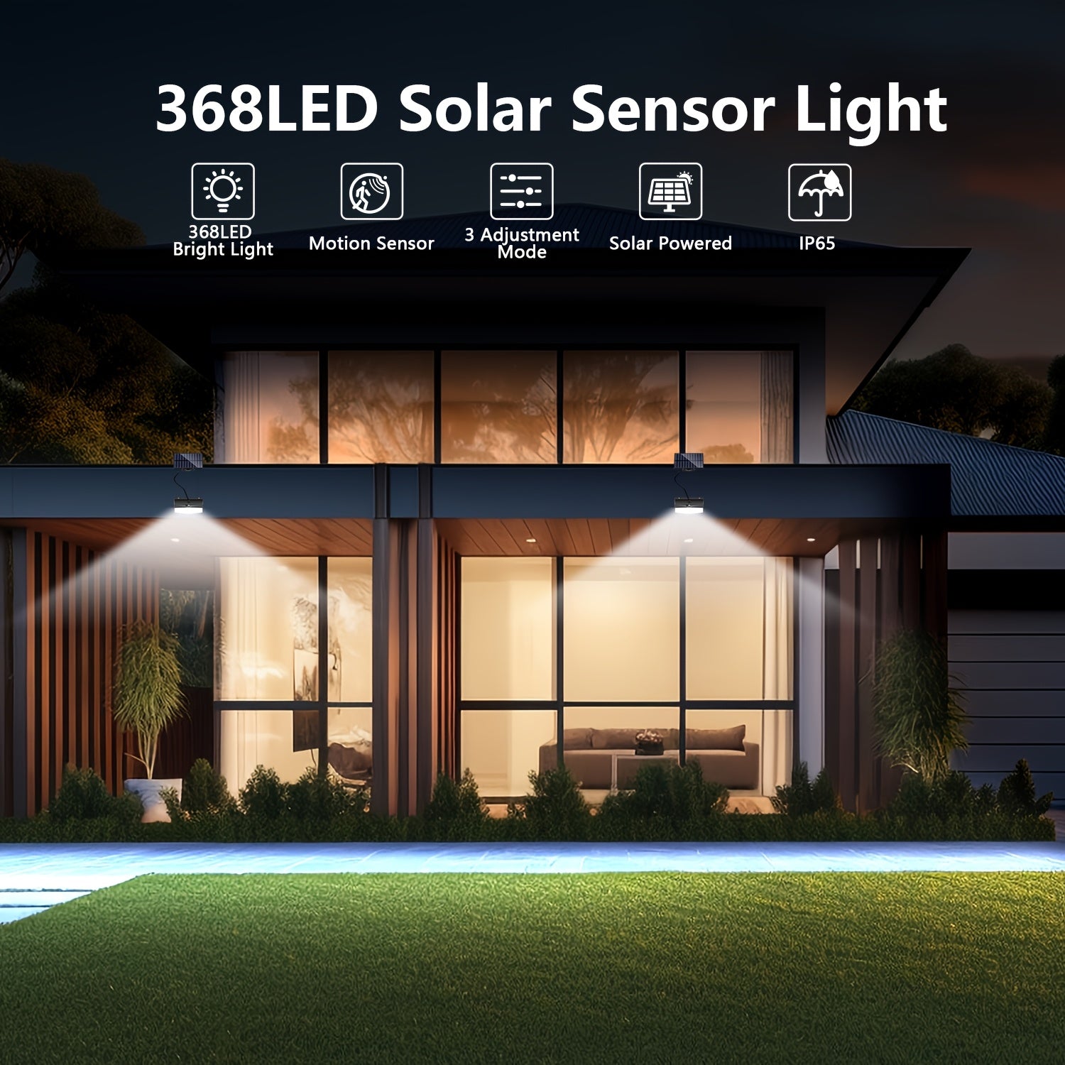 1 Outdoor Solar Light with 368 LEDs, Motion Sensor Light, IP65 Waterproof Rating, Porch and Garden Wall Light, with 3 Working Modes, Exterior Wall Light for Garage Front Door Fence, Cool White Light, with 16.4FT Cable, Also Suitable for Indoor