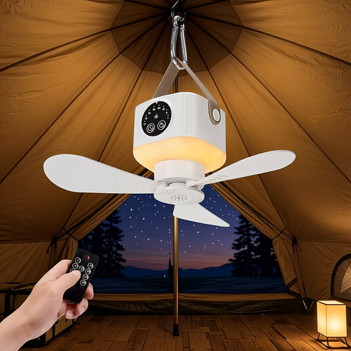 1 Pack Rechargeable Camping Fan Light, 3 Warm Light Modes, Outdoor Patio &amp; Indoor Bedroom Bedside Lamp, Hanging/Stand Mountable, Multi-Function Camping Light with Fan, Remote Control, Ideal for Summer, RV, Truck, Roof Tent, Travel and Camping