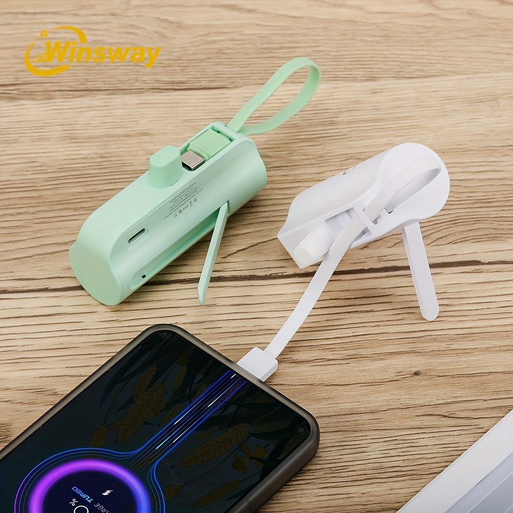 Winsway Mini Capsule Portable Stand Power Bank 5000mAh with Built-in USB-C Data Cable And Dual Ports for Charging Two Devices, Compatible with Most Electronic Devices, Suitable for Giving Friends Exquisite And Compact Gifts During Holidays