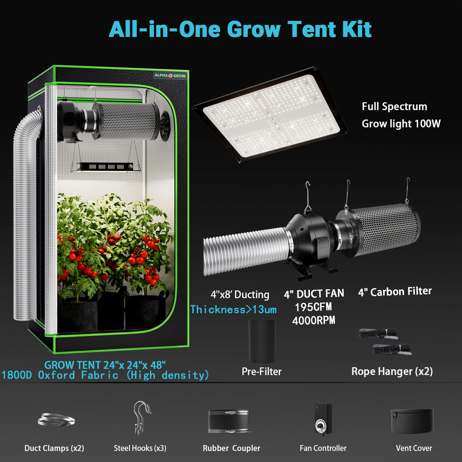 Pro 4x2/4x4/2x2 1800D Grow Tent Kit, 48"x24"x60", Complete Hydroponic System Kit for Indoor Plants, 100W Full Spectrum LED Grow Light, 240CFM 6" Inline Fan & Independent Carbon Filter Air Circulation, High-Reflective Mylar Setup