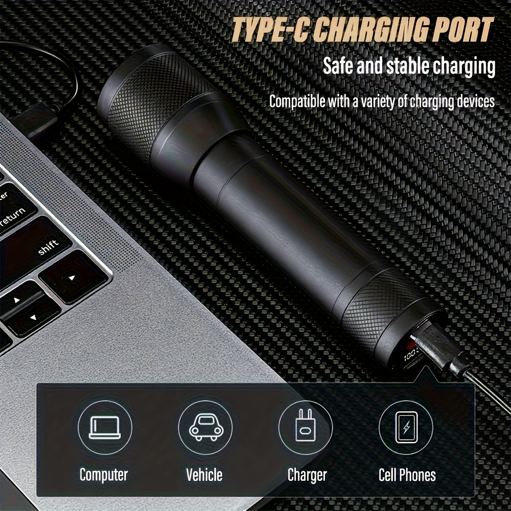 2PCS Handheld Portable Aluminum Alloy LED Flashlight, USB Rechargeable Outdoor Searchlight, Telescopic Zoom Camping Light, Suitable for Camping, Outdoor, Hiking and Work