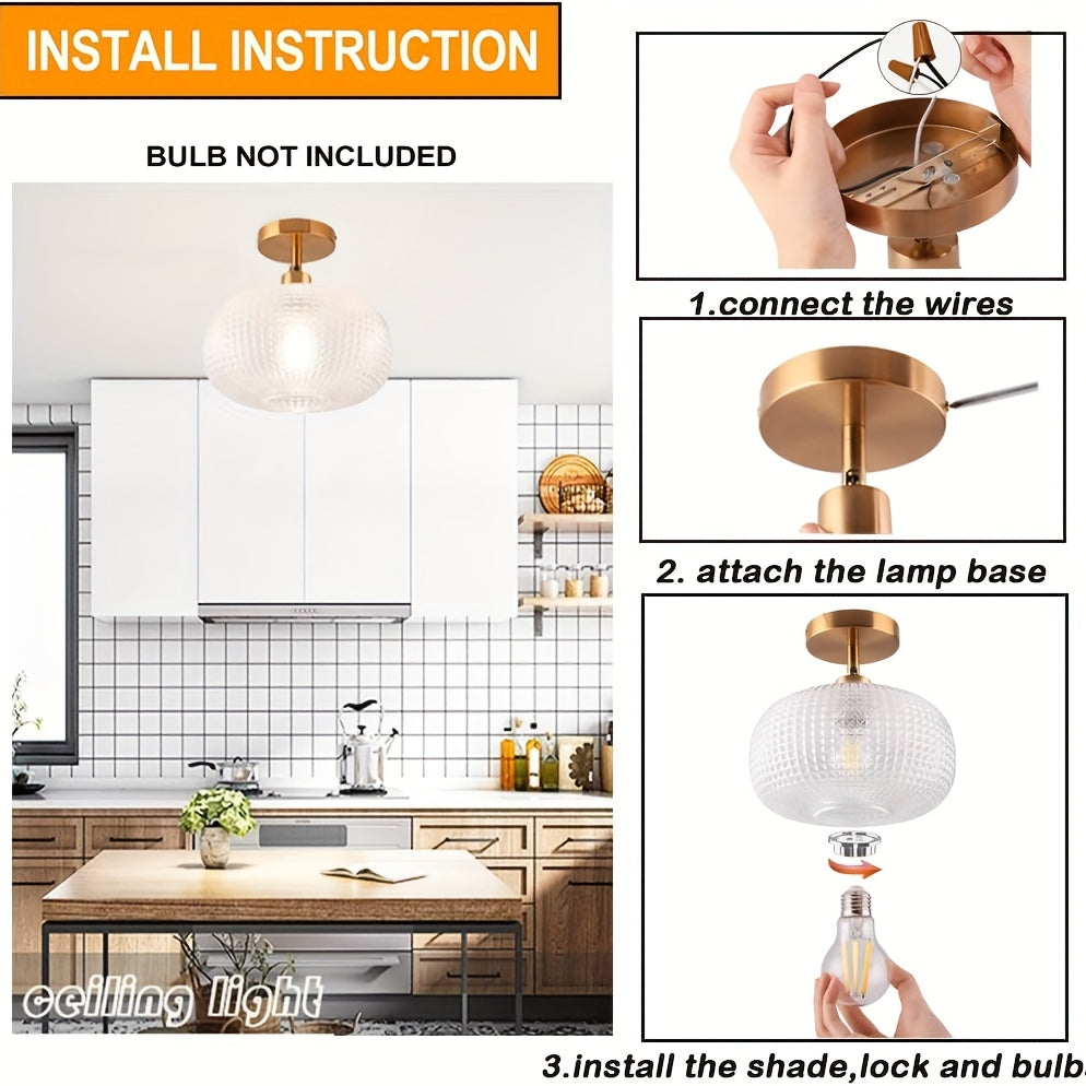 Gold Semi-Flush Mount Pendant Light with White Globe Glass Shade, Suitable for Sloped Ceilings, Hallways, Porches, Bedrooms, Stairwells, E26 Base (Bulb Not Included)