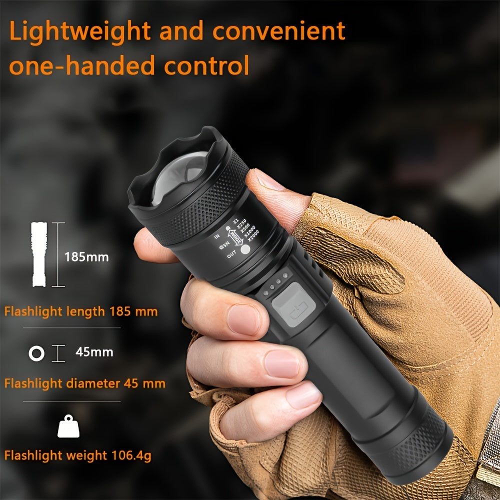 Ultra Powerful XHP50 LED Flashlight, Built-in Rechargeable Battery, Super Bright Zoomable Light, Perfect for Camping, IP65 Waterproof