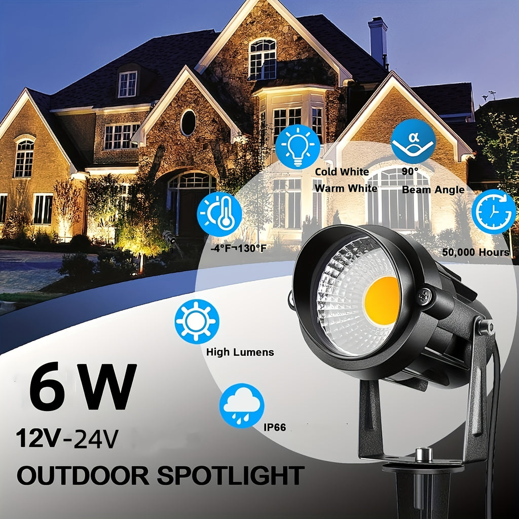 2/4/6/8/10 pcs low voltage LED landscape light | 6W, 12V-24V, outdoor Christmas spotlight, warm white, cool white, IP66 lighting lamp suitable for gardens, paths, walls, trees, flags