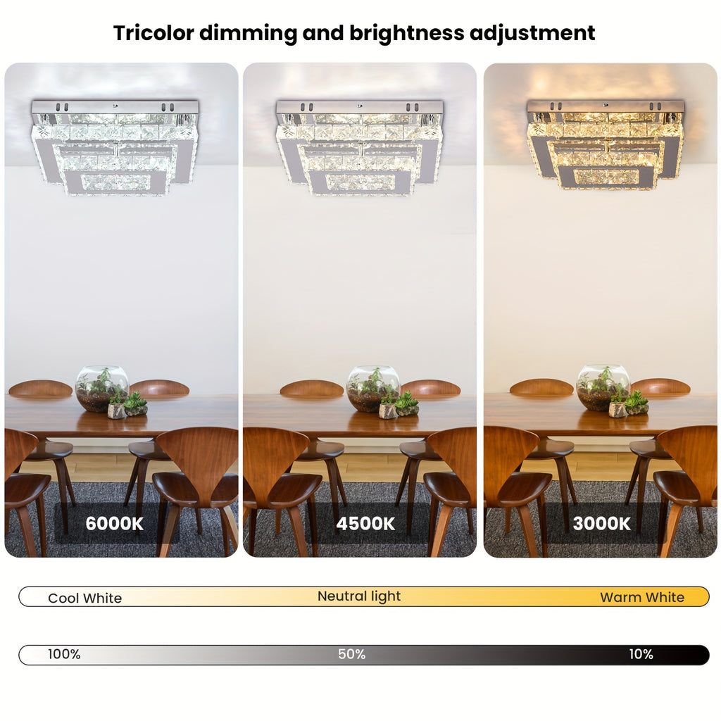 Modern rectangular crystal LED ceiling light, with K9 stainless steel, flush mount chandelier, suitable for living room, bedroom and dining room (dimmable)