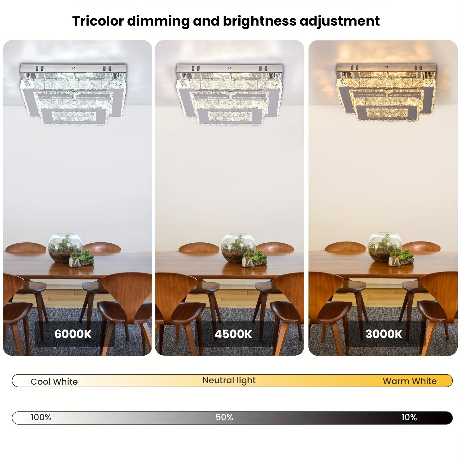 Modern rectangular crystal LED ceiling light, with K9 stainless steel, flush mount chandelier, suitable for living room, bedroom and dining room (dimmable)