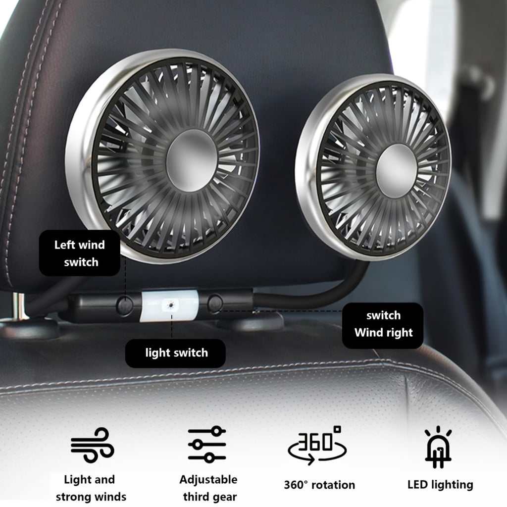 Dual-Head USB Car Hose Fan, Rear Seat Specific, 360° Rotation, 3-Speed Strong Wind, USB Powered Car Cooler, Compatible with Laptops, for Sedans, SUVs, RVs, Trucks