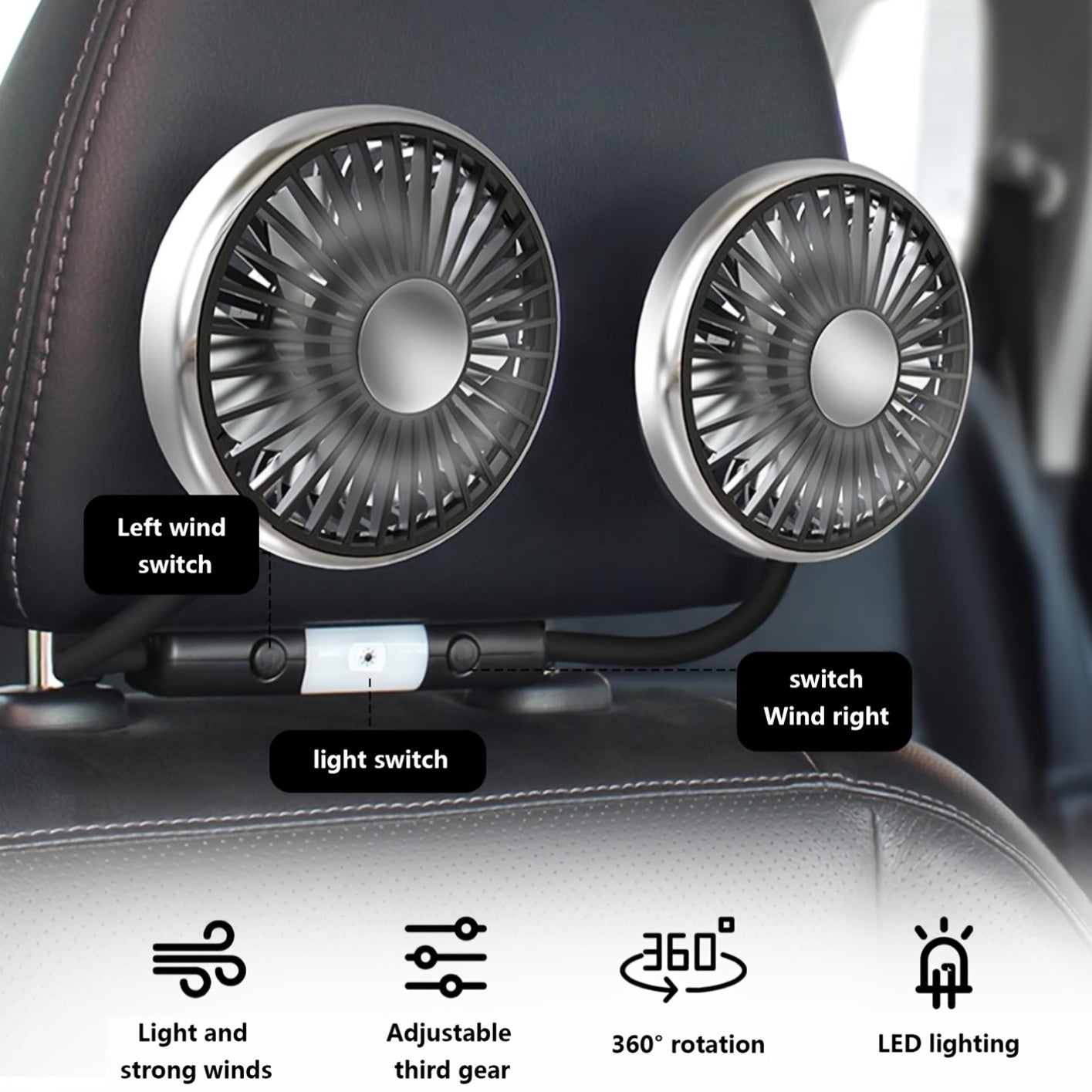 Dual-Head USB Car Hose Fan, Rear Seat Specific, 360° Rotation, 3-Speed Strong Wind, USB Powered Car Cooler, Compatible with Laptops, for Sedans, SUVs, RVs, Trucks