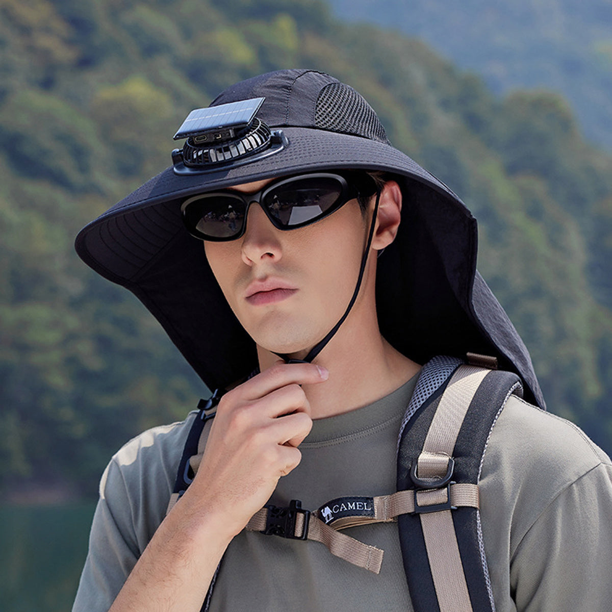 Men's Sun Hat with Solar Fan, Wide Brim Outdoor Boonie Hat, Lightweight African Safari Hat