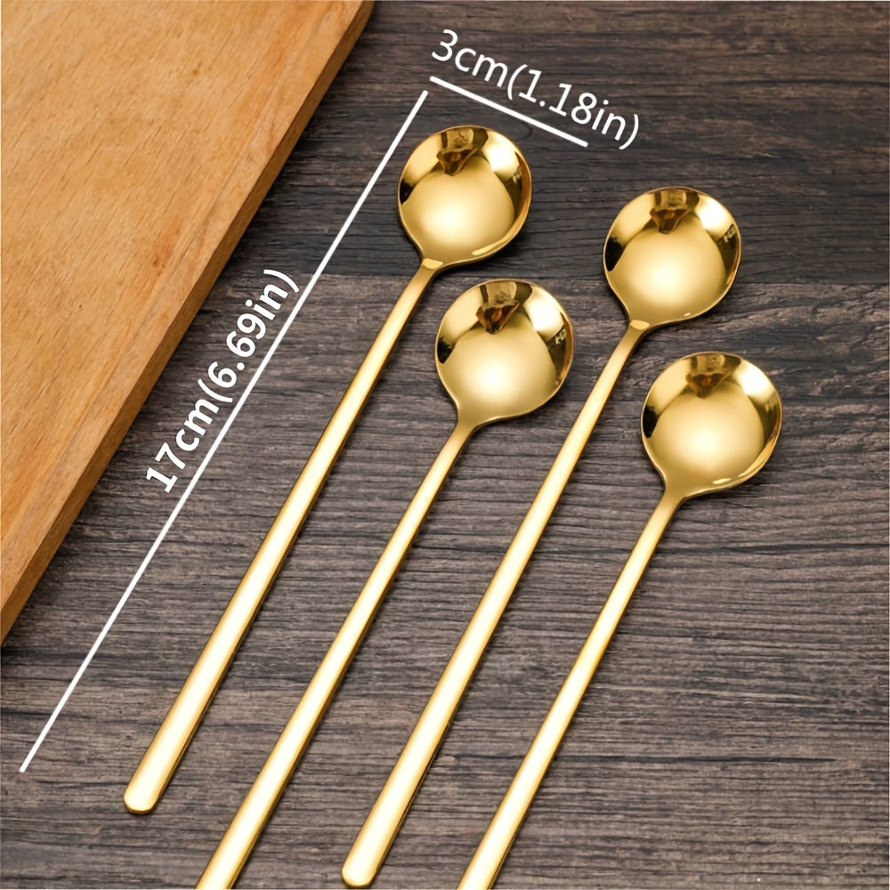 8-Piece Stainless Steel Long Handle Spoons Set - Gold Coffee Stirring Spoons & Tea Spoons, Elegant Home & Kitchen Utensils
