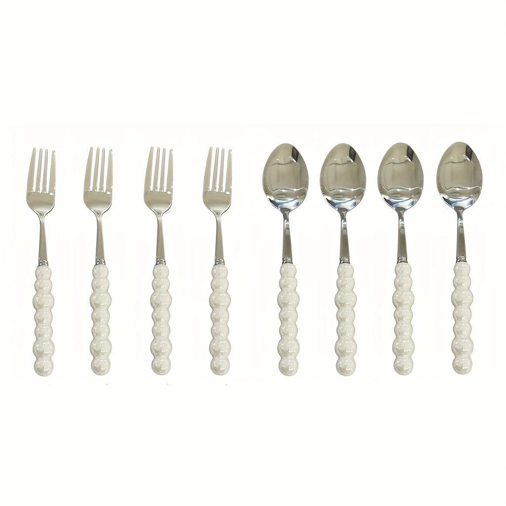 8/12/16Pcs Ceramic Handle Cutlery Set, Stainless Steel Knife Fork Spoon Set, Novel Creative Pearl-Shaped Handle Fork, Soup Spoon, Rice Spoon, Perfect for Restaurant & Home Dining, Kitchen Supplies, Kitchen Accessories, Kitchen Utensil Set