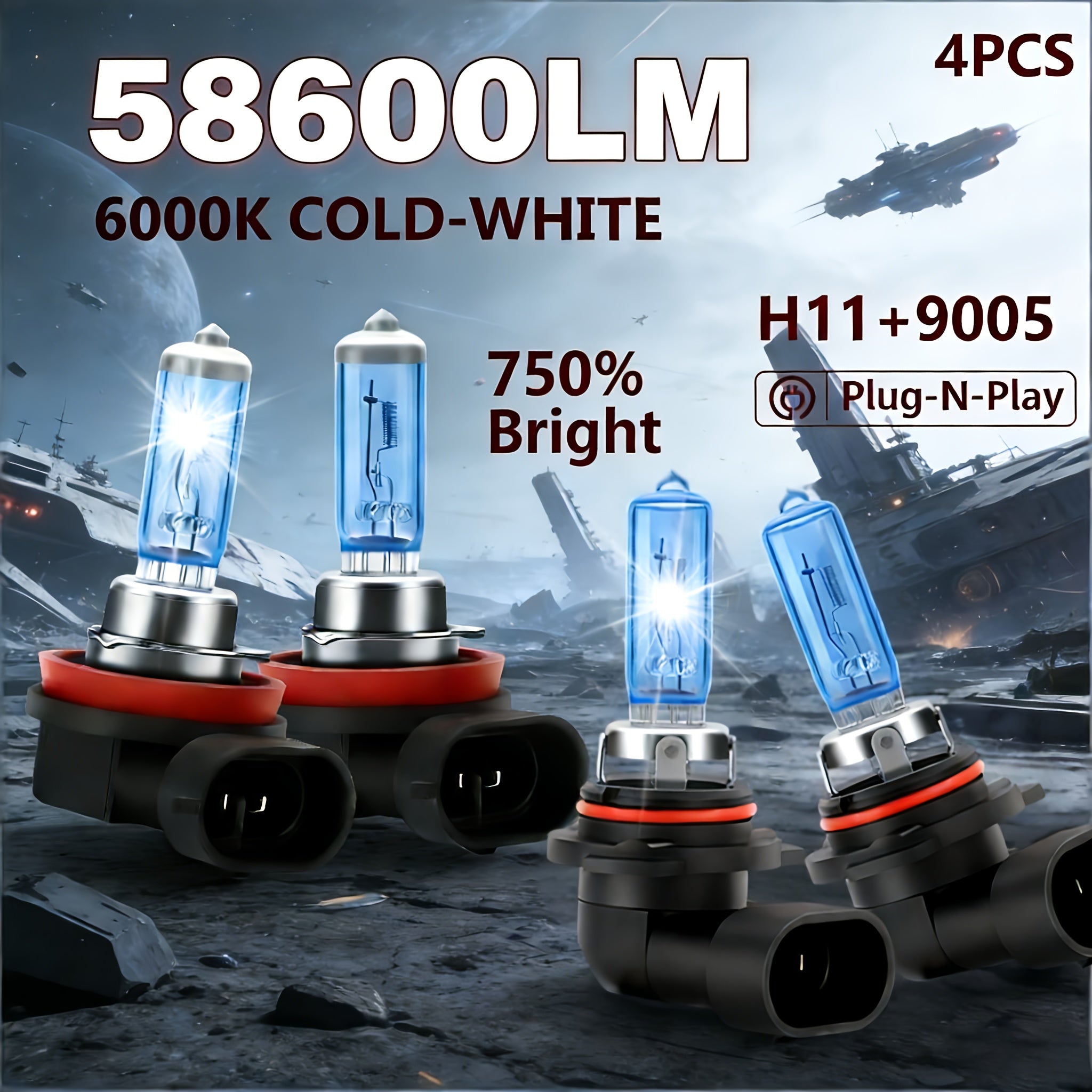 4-Pack LED Car Headlights, Bright Plug-and-Play 6000K White Light, Compatible with 9005/9006/H7/H1/H4/H11 Sockets, Total Luminous Flux 58600 Lumens, High/Low Beam Integrated Fog Light, Fast Heat Dissipation
