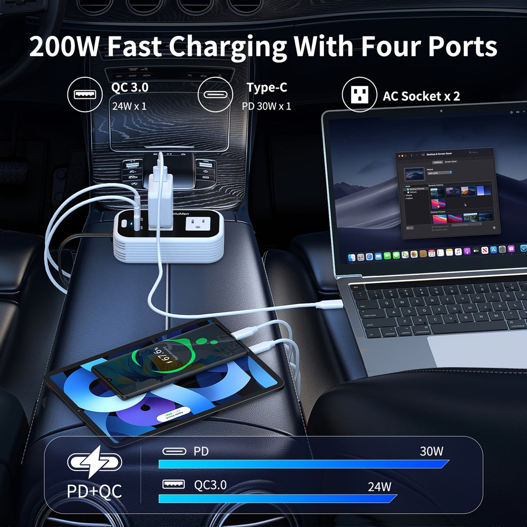 200W车载电压变换器，Blubluman 12V直流转110V交流插座带30W USB-C，QC3.0快充24W，适用于汽车的电源逆变器，笔记本电脑充电接口