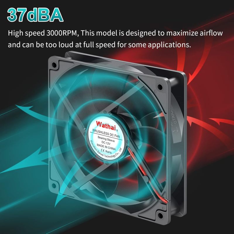 120mm 12V 0.45A 2-Pin DC Brushless Cooling Fan - 120x120x25mm - 105 CFM - 3000 RPM - Case Fan Compatible with Desktop Computer