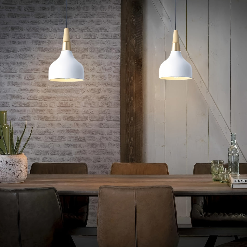 Modern E26/27 pendant light industrial art decorative ceiling lighting fixture simple Nordic style hanging lampshade single-head for dining room, kitchen island, hallway, store (wood, white)
