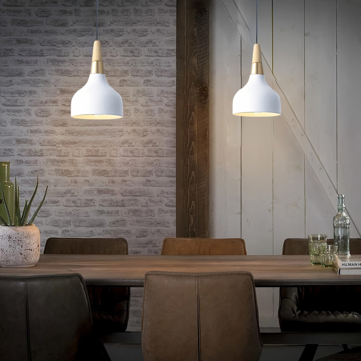 Modern E26/27 pendant light industrial art decorative ceiling lighting fixture simple Nordic style hanging lampshade single-head for dining room, kitchen island, hallway, store (wood, white)