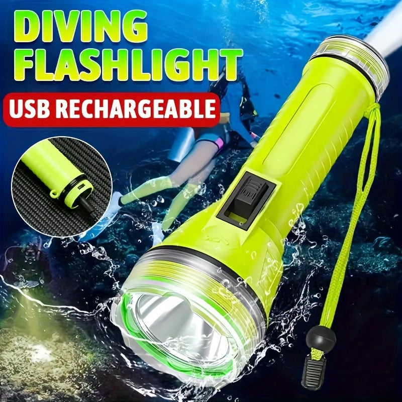 1Pc LED Diving Flashlight, Professional Underwater Torch, IPX8 Waterproof USB Rechargeable Diving Light, High Brightness Outdoor ABS Plastic Portable Flashlight, Ideal for Diving, Swimming, Hiking, Fishing