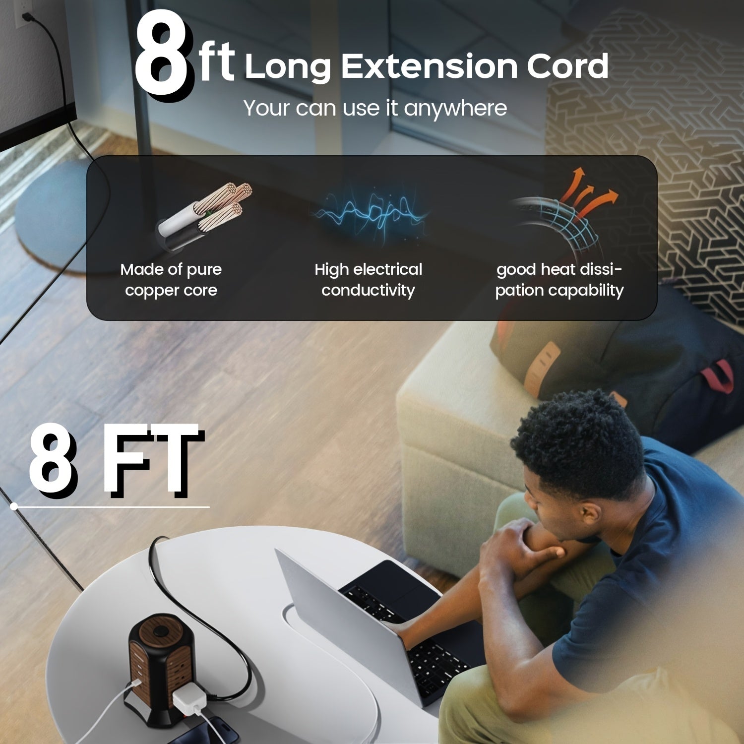 13-in-1 PD Power Strip Tower Surge Protector USB C Desktop Charging Station With 9 Widely Spaced AC Outlets 2 USB-C 2 USB-A Ports 8.8ft Heavy-Duty Extension Cord For Home Office Dorm Bedroom Kitchen Garage, Wood Grain