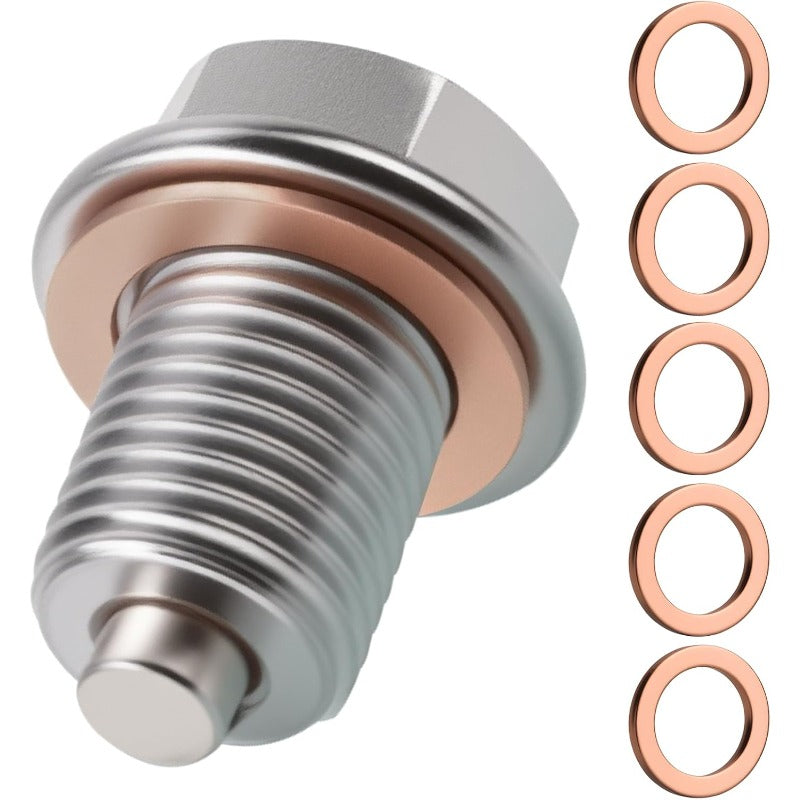 1 Set Magnetic Oil Drain Plug, M16 x 1.5 Stainless Steel Oil Pan Drain Nut Bolt with 5 Copper Crush Washers, Universal Oil Plug Replacement for Most Cars, Motorcycles & Boats
