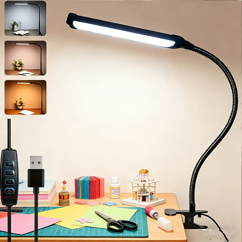 1pc LED metal hose stand desk lamp, USB bendable metal table reading light, night light, three-color adjustable, 360-degree freely bendable, fill light clip lamp, for manicure, office, drawing lighting, home lighting fixture