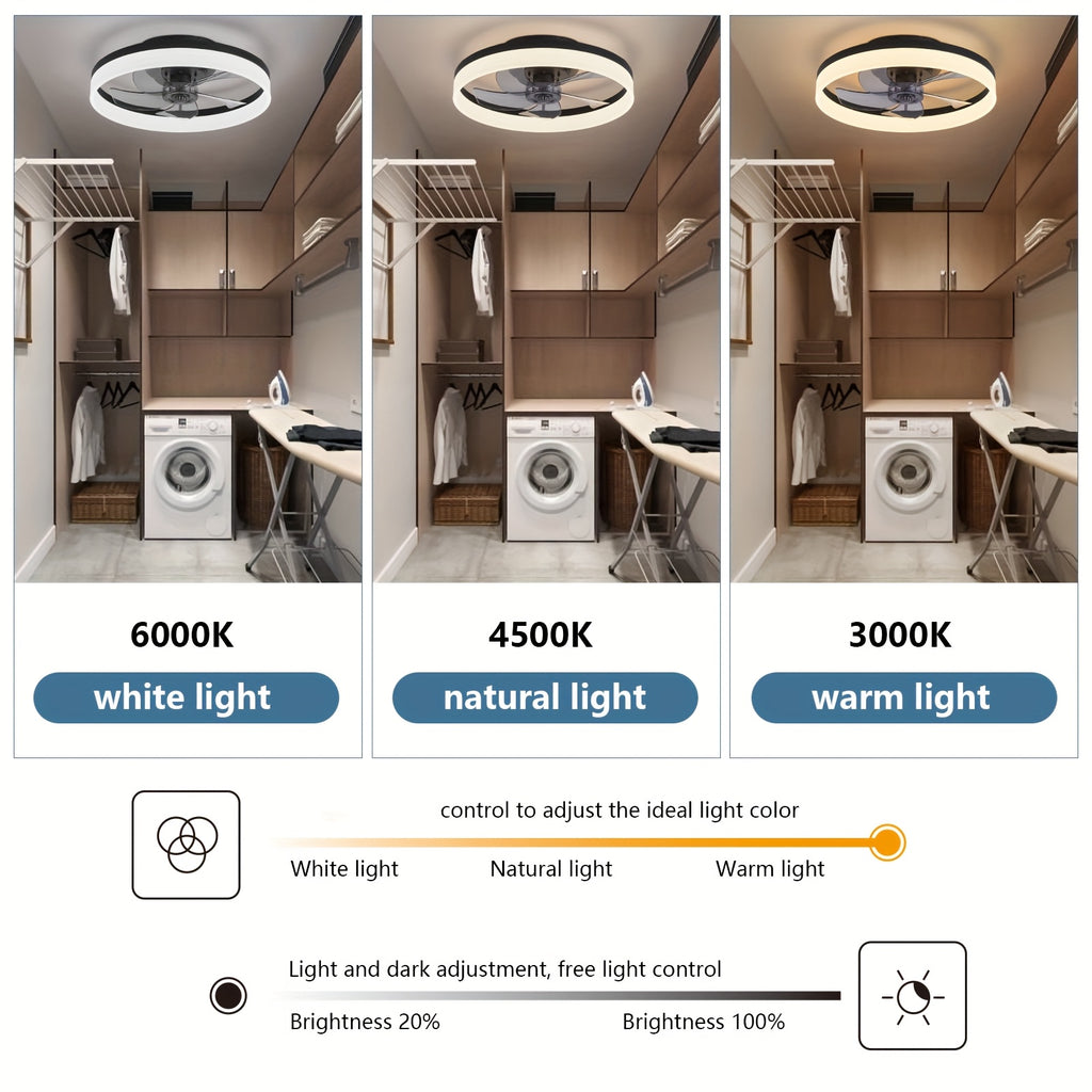 Low Profile 19.7 Inch Ceiling Fan with Light & Remote, Dimmable LED 3000K-6000K, 6 Speed Levels, Black Chandelier Fan for Bedroom Living Room