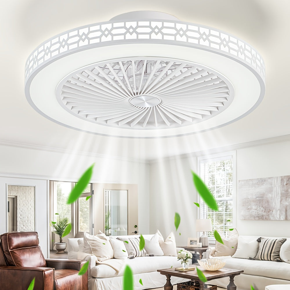 20 Inch Bladeless Ceiling Fan, Flush Mount Ceiling Fan, Low Profile Ceiling Fan, Reversible Dimmable Ceiling Fan, Silent Ceiling Fan, LED Stepless Dimming, 3 Color Temperature Adjustable and 4 Speed Levels