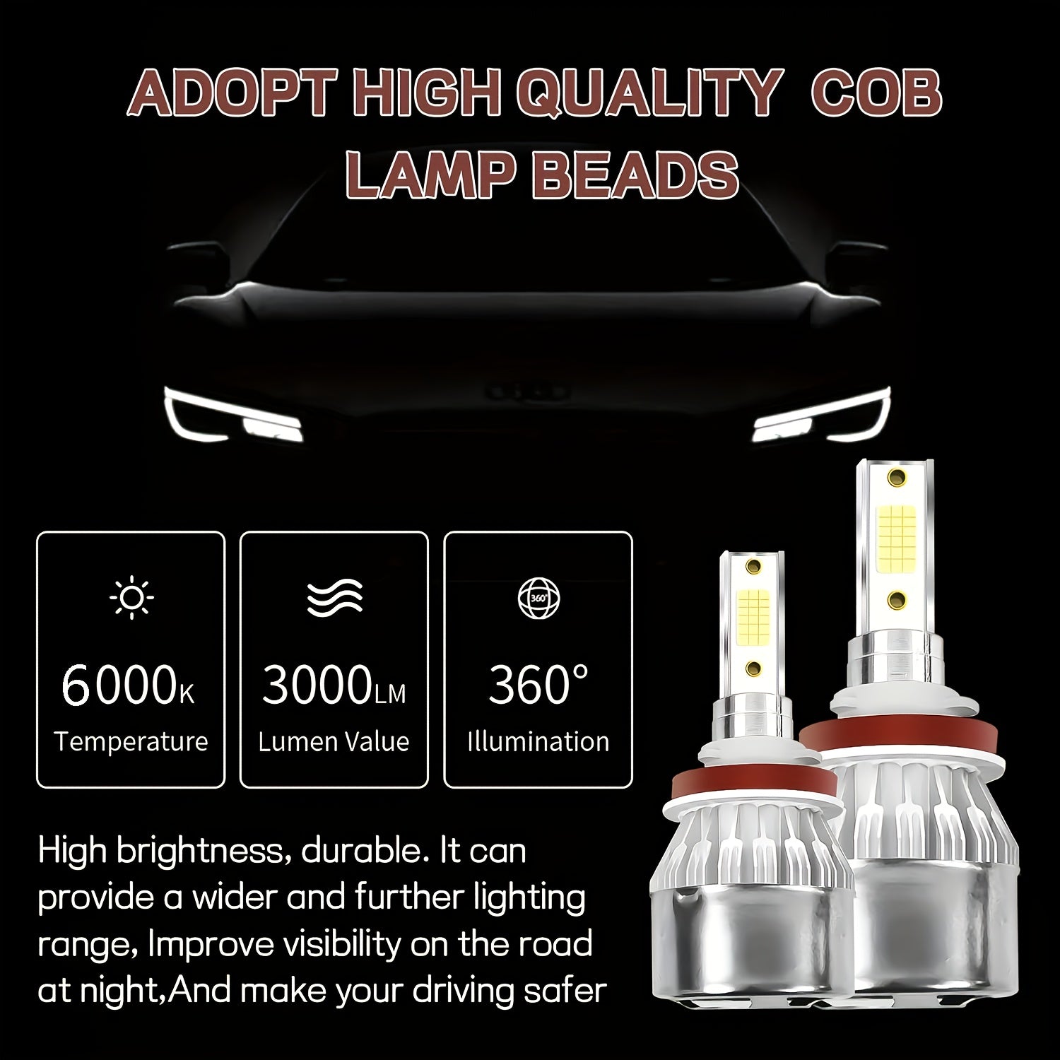 2-Pack LED Car Headlight C6 Bulbs H7 H4 H8 H9 H11 9005 9006 LED Light 6000K Car Light 12V Car Headlight Conversion Kit, Fits Multiple Car Models, High Quality Replacement Bulbs, Car Bulbs, No Battery Included