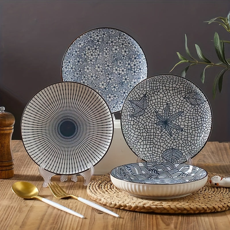 4-Piece Japanese Ceramic Floral Dinner Plate Set – Yamada Home Dinner Plates, Nordic Style Steak Plates, 7-Inch Deep Ceramic Plates, Non-Slip Rim, Under-Glaze Color Round Plates