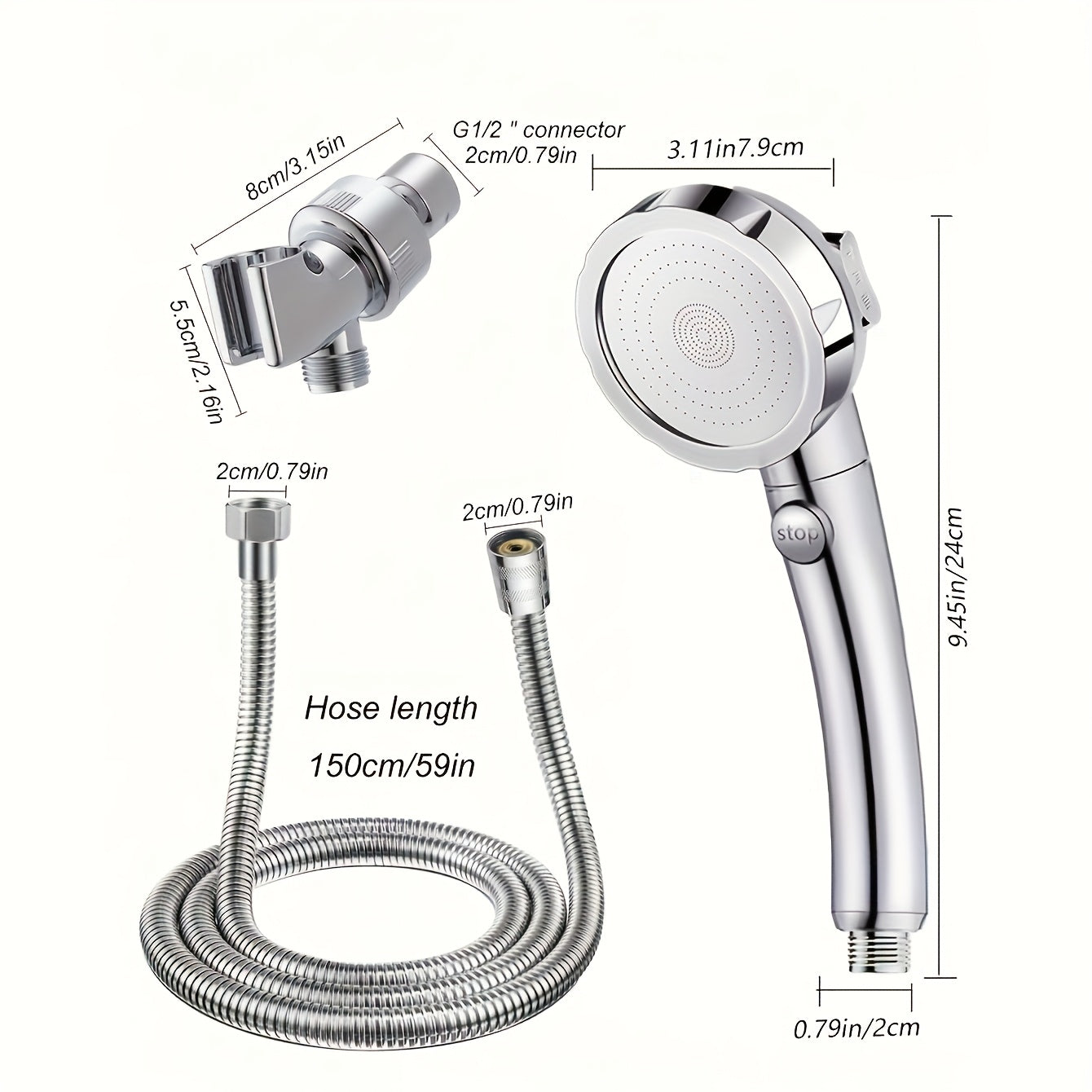 High Pressure Handheld Shower Head Set with Pause Function - 3 Spray Modes, Adjustable Angle Holder & Hose, Detachable, Perfect Bathroom Accessory - Polished Finish