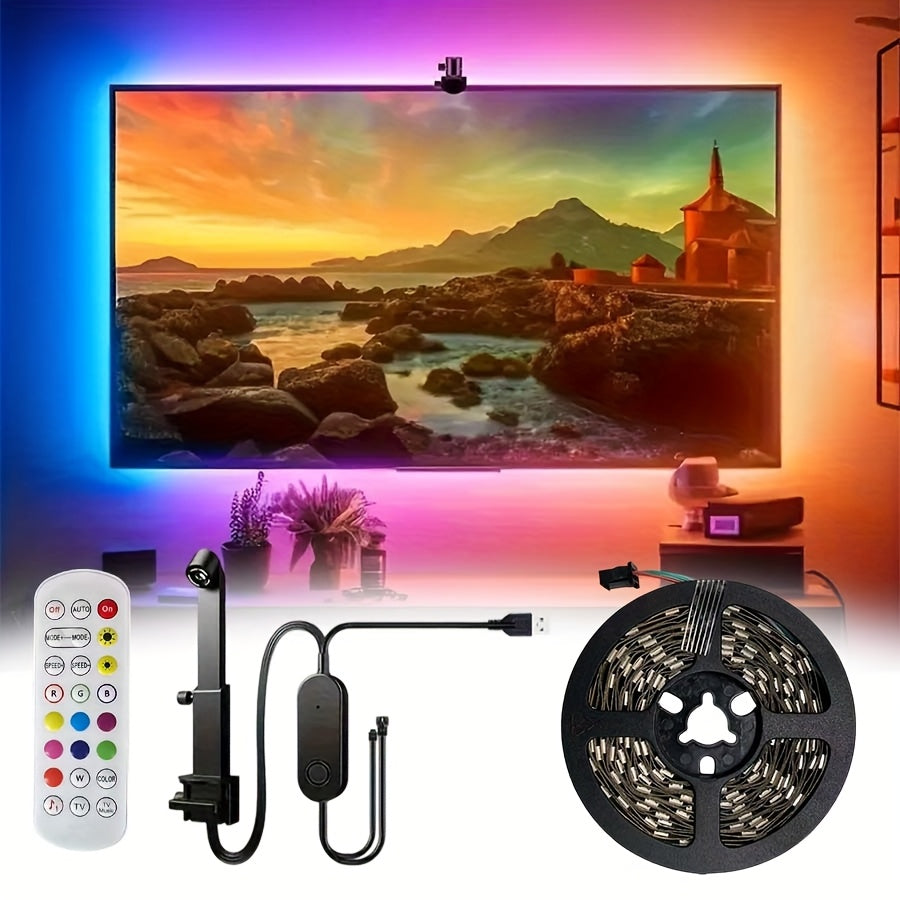 RGBIC电视背景灯带，可伸缩AR传感器，捕捉颜色、音乐节奏，声音与灯光节奏同步，灵活灯条设计，家庭影院爱好者