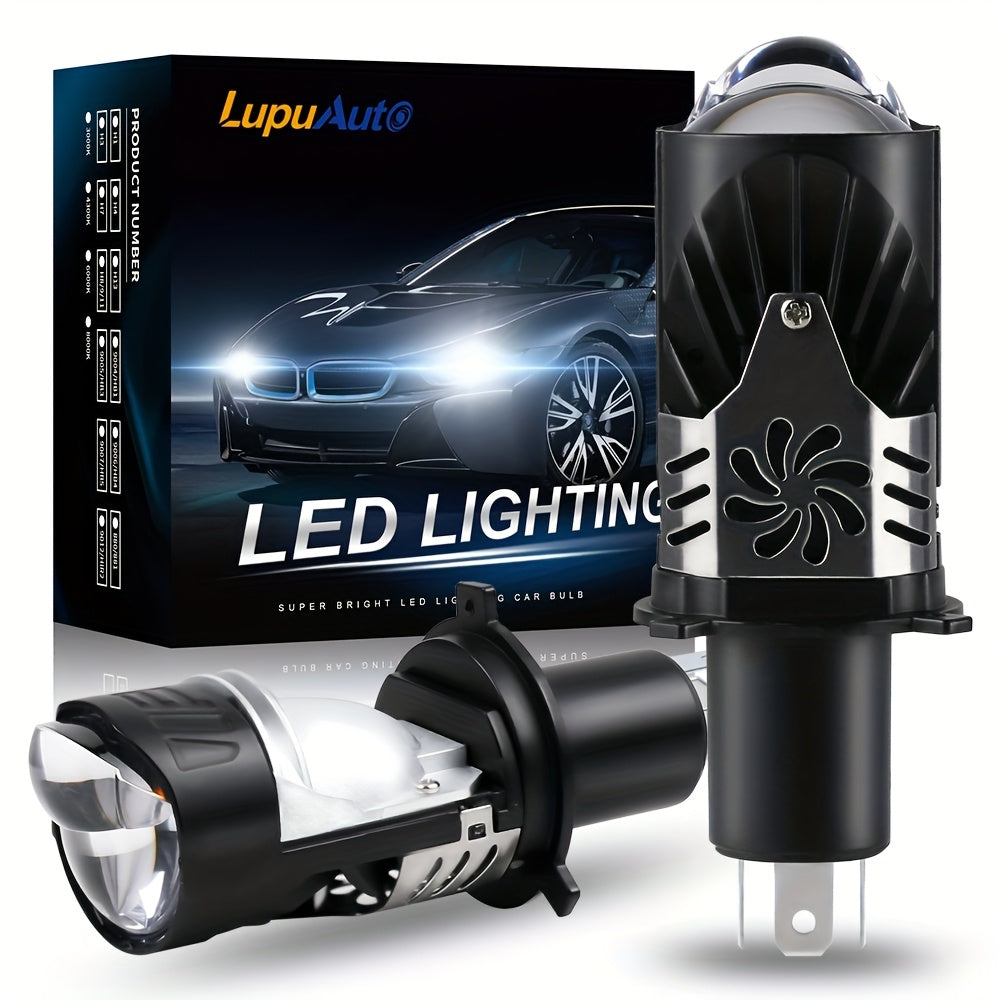 2Pcs LUPUAUTO H4 LED Projector Mini Lens Car Headlights, 40000LM, 6500K Cool White, CSP 3570 Chip, H4 and 9003 Size, Easy Plug-and-Play Installation, High/Low Beam Fog Light, Bright Driving Light
